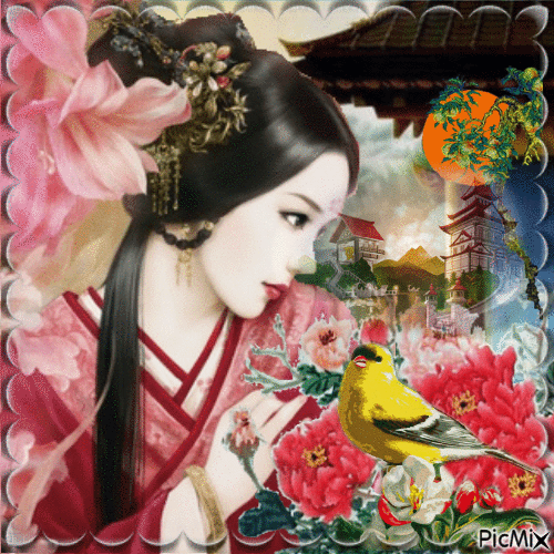 Femme Asiatique avec un oiseau - GIF animé gratuit