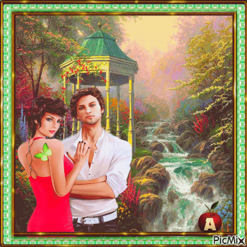 couple of lovers at the waterfall1plaze - GIF animé gratuit