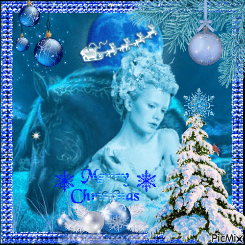 Christmas, blue woman and horse - Gratis geanimeerde GIF