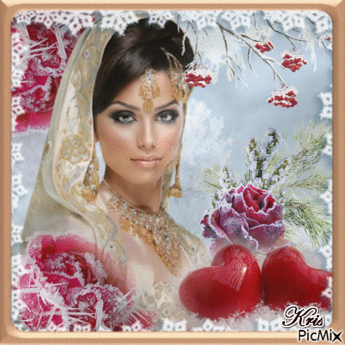 Portrait de femme avec roses d'hiver ( - Gratis animerad GIF