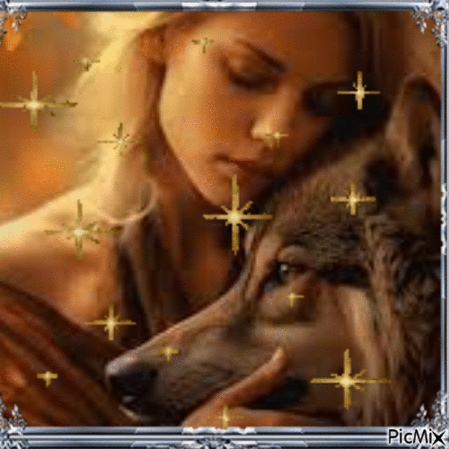 mujer y lobo - GIF animé gratuit