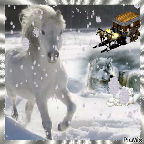 Cheval et Loups sous lla  neige - Gratis animerad GIF