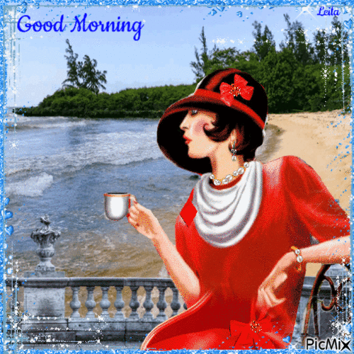 Good Morning. Woman at the beach. Coffee.