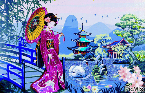 Geisha sur le pont - Gratis geanimeerde GIF