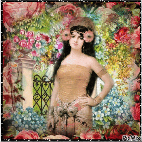 woman in the garden - vintage - Gratis geanimeerde GIF