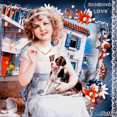 Vintage girl with her dog. Sending Love - GIF animado gratis