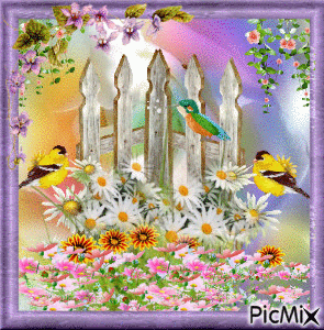PRETTY FLOWER GARDEN AN OLD GATE, BIRDS, AND A PASTEL  BACKGROUND IN A PURPLE  FRAME. - Бесплатни анимирани ГИФ