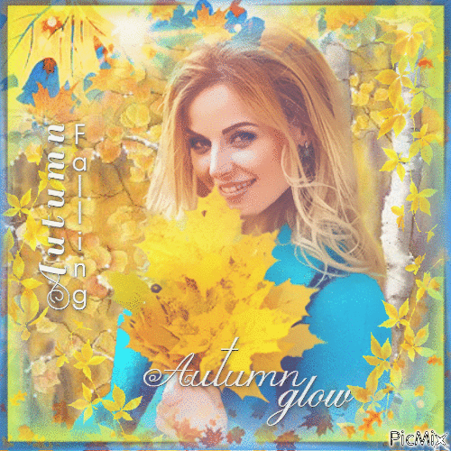 Autumn woman yellow blue smile - GIF animé gratuit