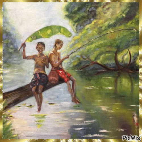 Enfants qui pêchent dans l'étang - Vintage - Δωρεάν κινούμενο GIF