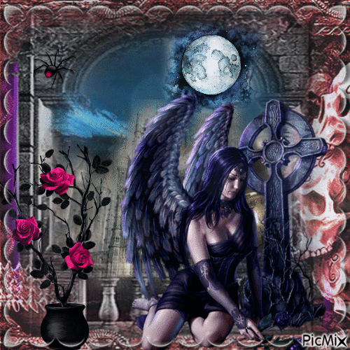 Femme ange Gothique et pleine lune - GIF animé gratuit