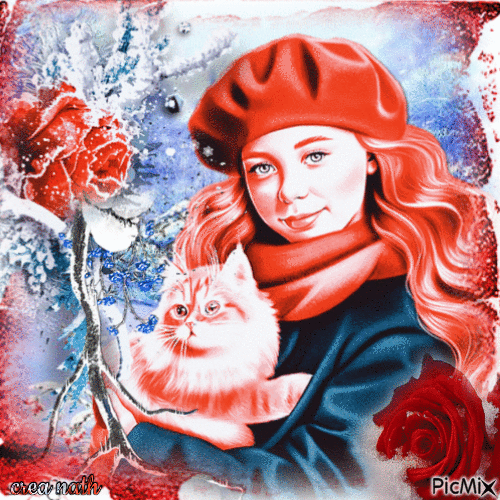 Jeune fille et son chat en hiver , tons rouges et bleus - Free animated GIF