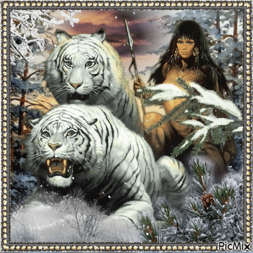 Frau und Tiger im Winter - Gratis animeret GIF