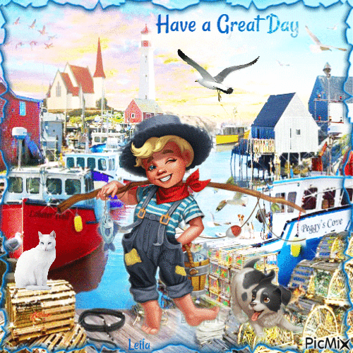 Have a Great Day. Boy fishing. The port - Bezmaksas animēts GIF