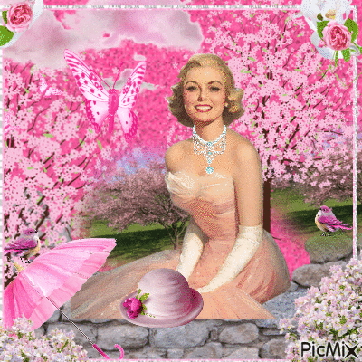 vintage pink lady sitting on wall - Ingyenes animált GIF