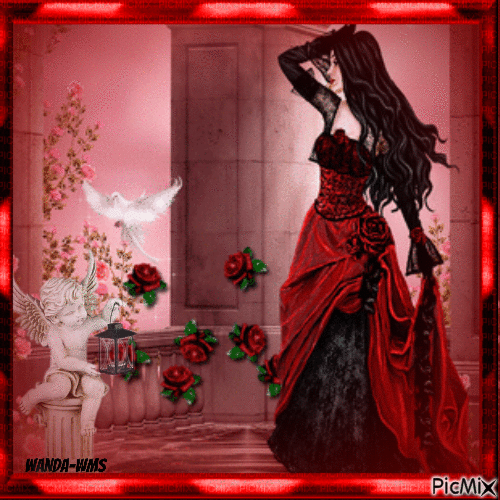 Woman-angels-red-roses - Безплатен анимиран GIF