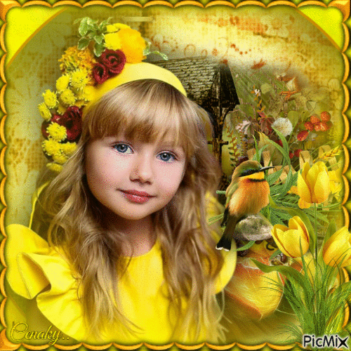 Petite fille avec des tulipes jaunes - GIF animé gratuit