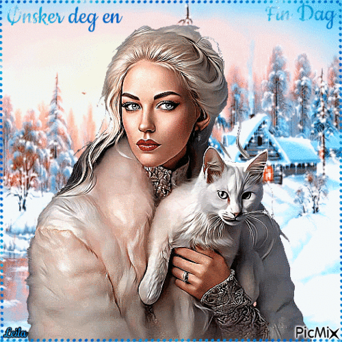 Wish you a nice day. Woman, cat, winter - Free animated GIF
