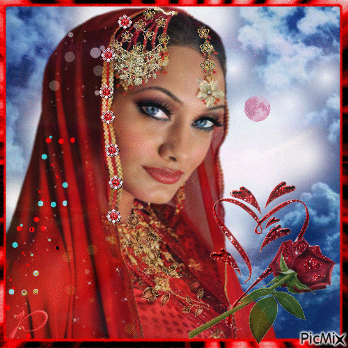 Indian girl portrait blue and red - Бесплатни анимирани ГИФ