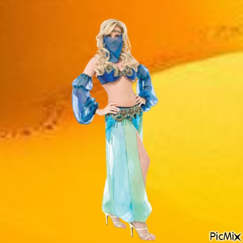 Blue suited belly dancer in desert - png gratis