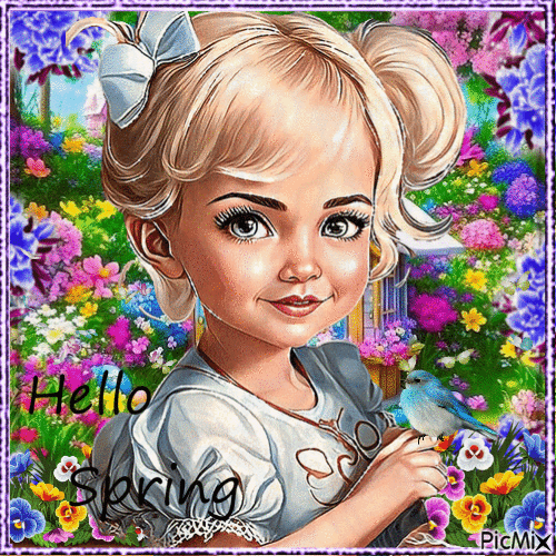 Happy little girl at spring time - Free animated GIF