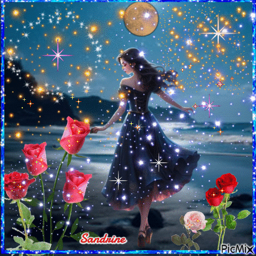 la fille aux roses au clair de lune - Δωρεάν κινούμενο GIF
