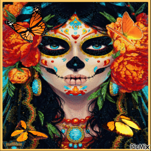 Sugar Skull with Butterflies - Free animated GIF