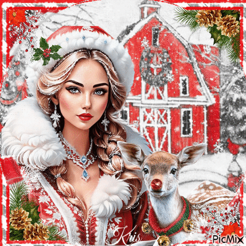 Femme de Noël et son cerf - Gratis animerad GIF