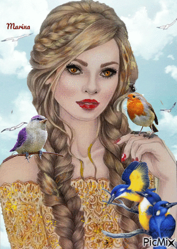 Girl with birds - Animovaný GIF zadarmo