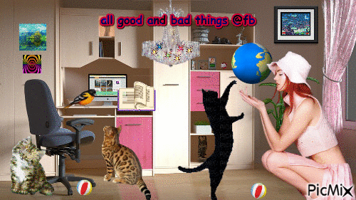 room cats globe woman book - GIF animate gratis