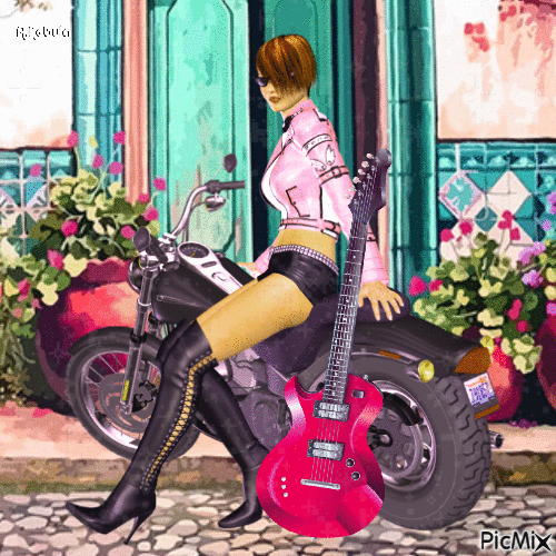 Woman-motorcycle-guitar-contest - GIF animé gratuit