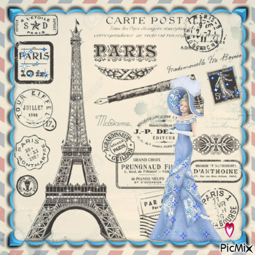 Portrait Woman Eiffel Paris Glitter Vintage Blue Hat - 免费动画 GIF