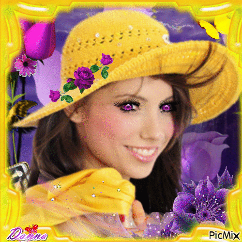 Femme jaune et fond violet-concours - Gratis geanimeerde GIF