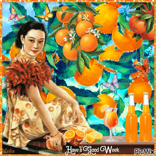 Woman in an orange grove drinking orange juice - Nemokamas animacinis gif