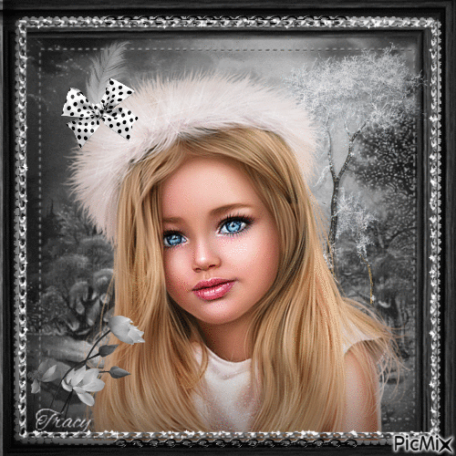 Portrait of a little girl with hat and bow in white and gray - GIF เคลื่อนไหวฟรี