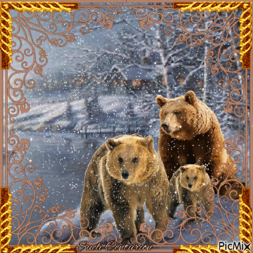 Família de ursos marrons no inverno - 無料のアニメーション GIF