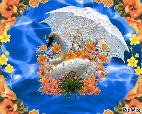 cygne parmi les fleurs et sous le parapluie - Gratis animeret GIF