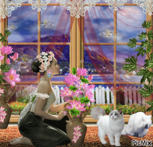 Evening with flowers and cats - GIF animé gratuit