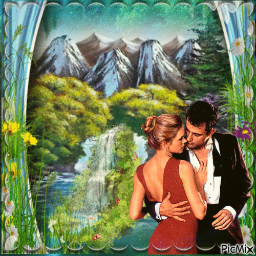 couple d'amoureux prés une cascade - Δωρεάν κινούμενο GIF