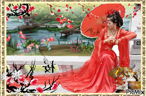Portrait of a japanese lady with flowers & butterflies - GIF animate gratis