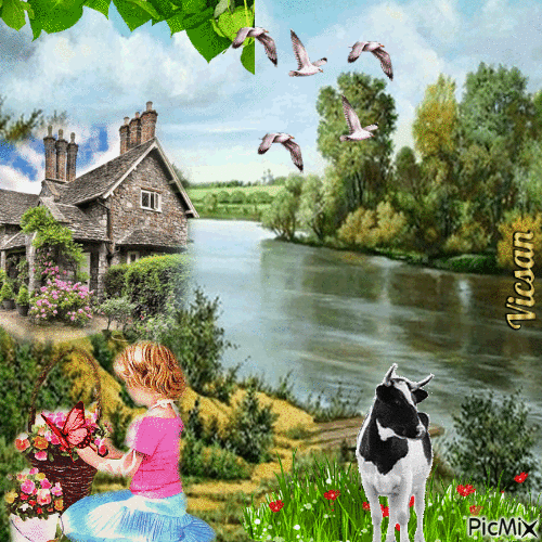Casa de campo en el río, paisaje pastoral - Безплатен анимиран GIF