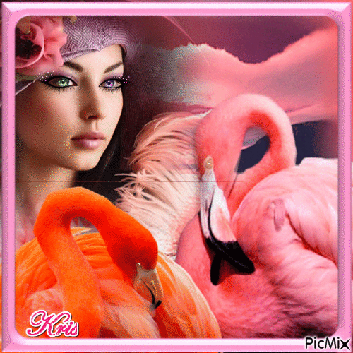 Flamingo & woman - Free animated GIF