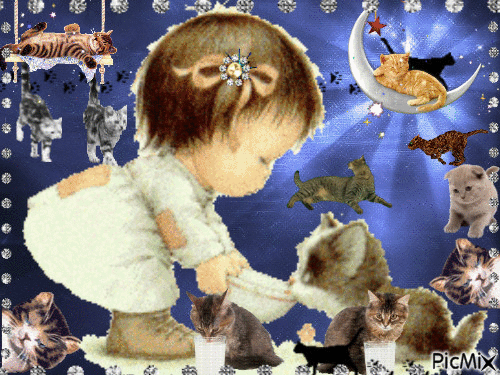 A LITTLE GIRL FEEDING ALL HER KITTENS, THEY ARE RUNNING AND PLAYING AND SLEEPING, JUST WHAT THEY ALWAYS DO. - Darmowy animowany GIF
