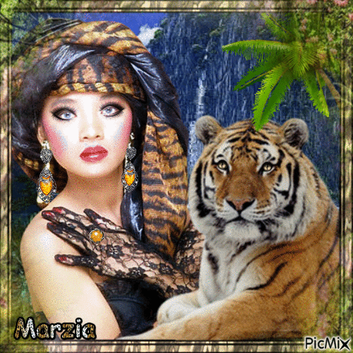 femme et tiger - Δωρεάν κινούμενο GIF