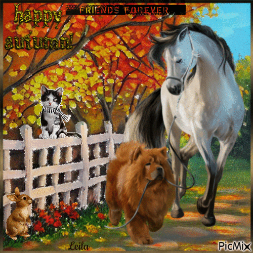 Happy autumn. Friends forever. Horse, dog, cat - GIF animé gratuit