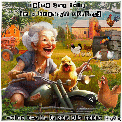 Meine Oma fährt im Hühnerstall Motorrad..... - Animovaný GIF zadarmo