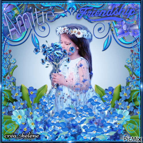 "Petite fille avec fleurs bleues"
