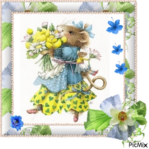 vera the mouse with flowers - zdarma png