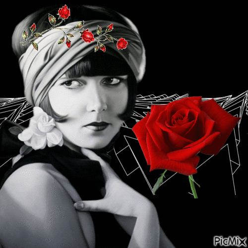 Femme avec des roses - Rouge, noir et blanc - Бесплатный анимированный гифка