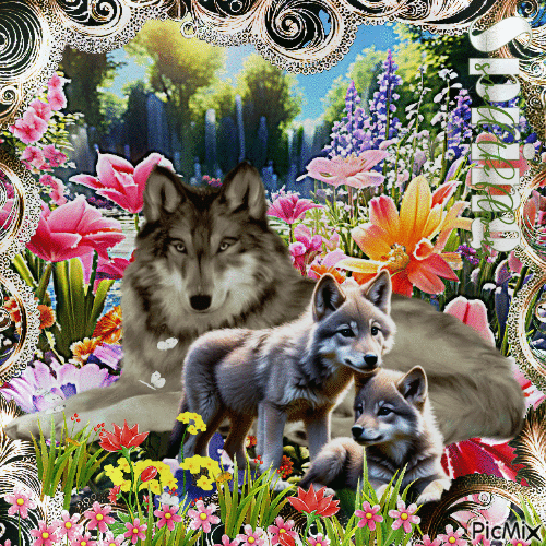 Wolfs in spring - GIF animé gratuit