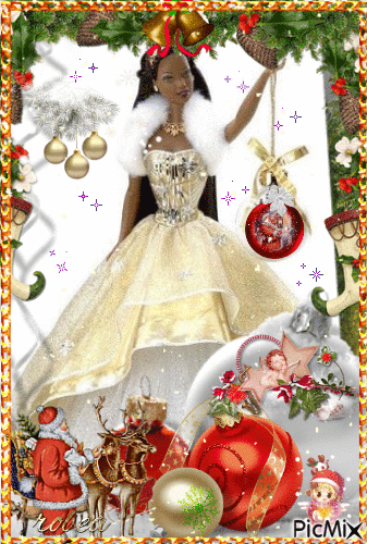 Belle poupée parmi les décoration de Noël - GIF animé gratuit